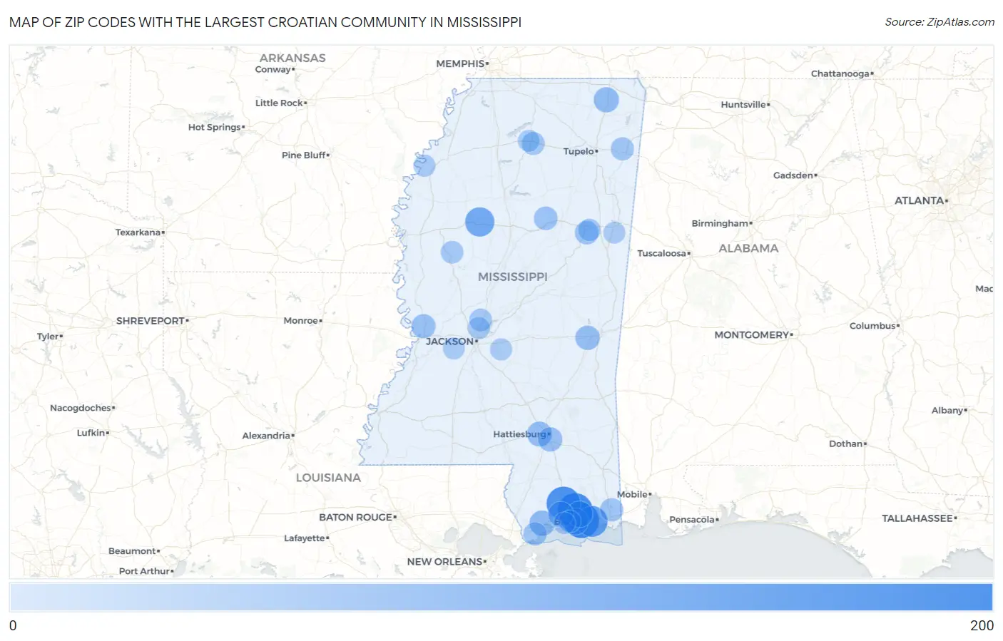 Zip Codes with the Largest Croatian Community in Mississippi Map
