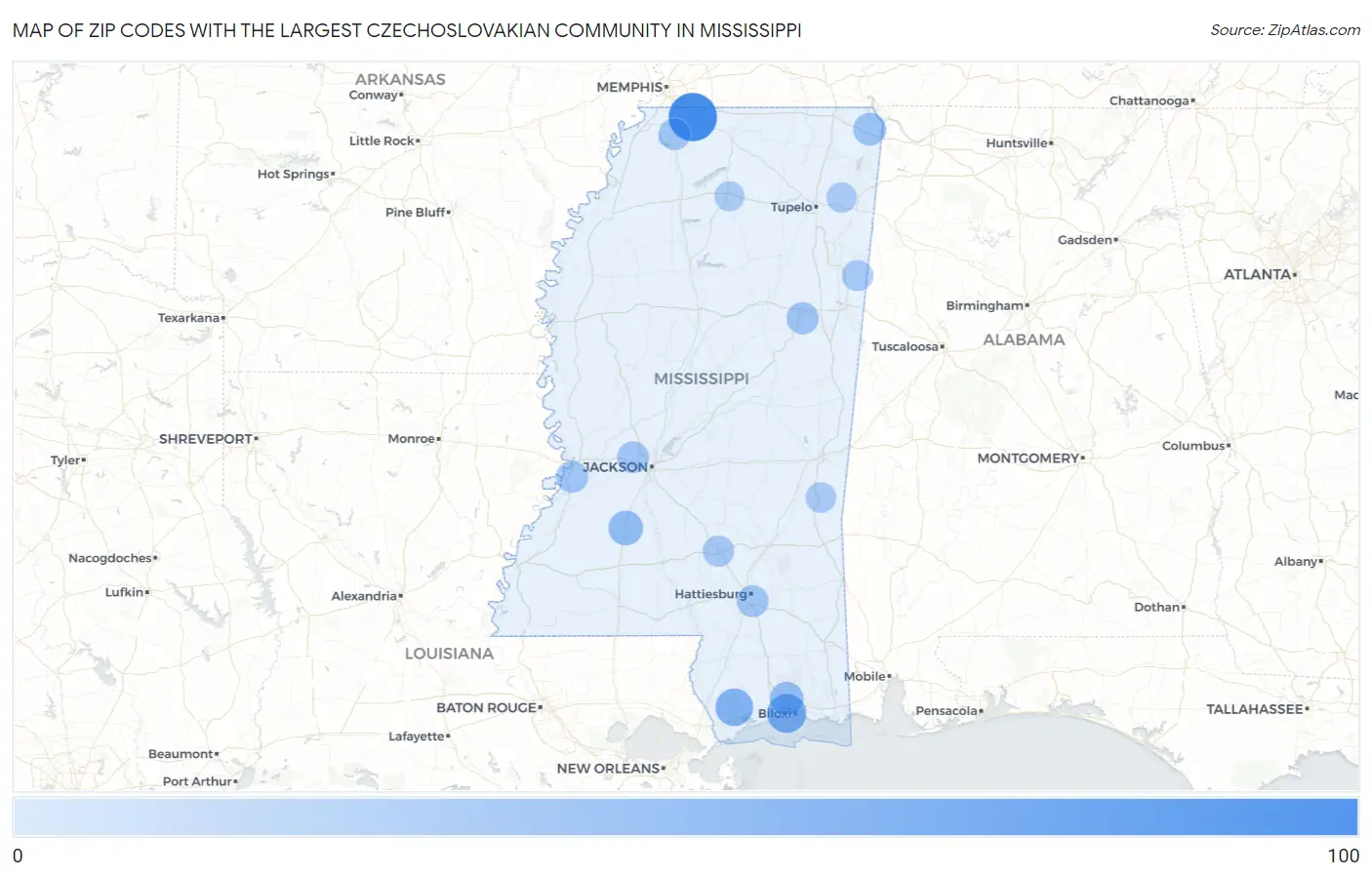 Zip Codes with the Largest Czechoslovakian Community in Mississippi Map