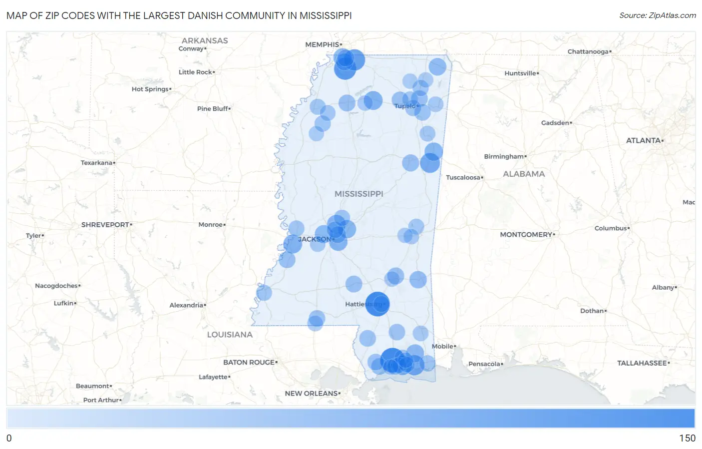 Zip Codes with the Largest Danish Community in Mississippi Map