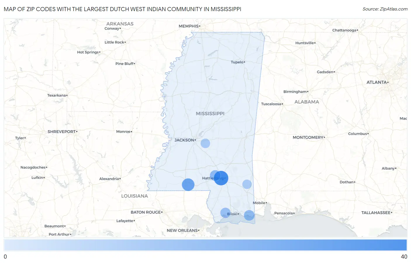 Zip Codes with the Largest Dutch West Indian Community in Mississippi Map