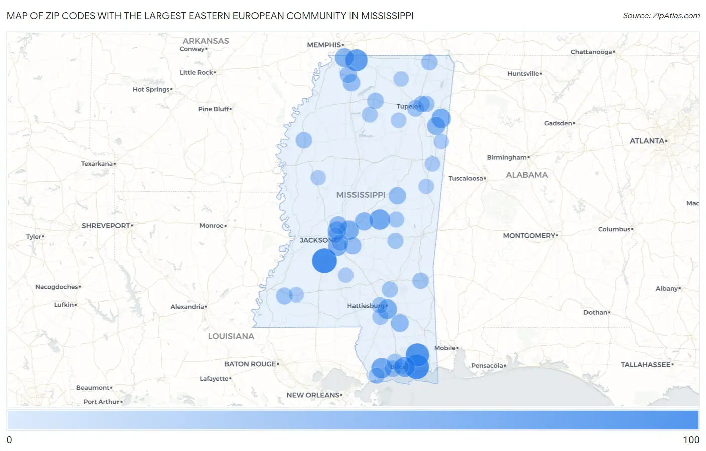 Zip Codes with the Largest Eastern European Community in Mississippi Map