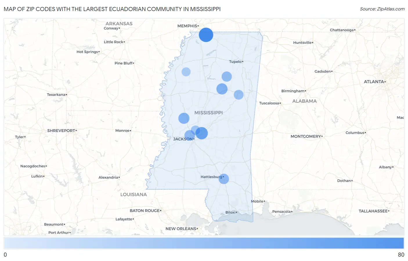 Zip Codes with the Largest Ecuadorian Community in Mississippi Map