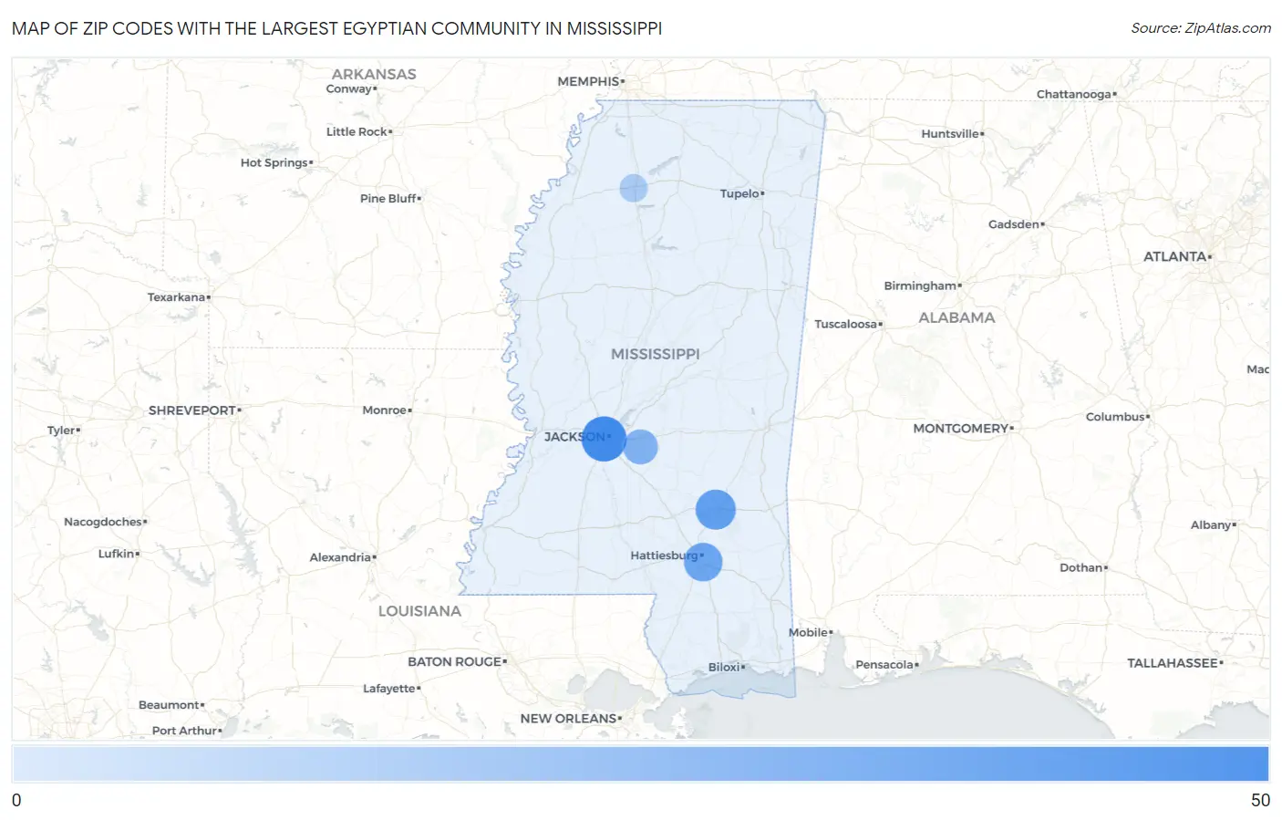 Zip Codes with the Largest Egyptian Community in Mississippi Map