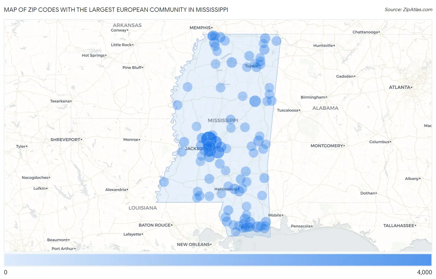 Zip Codes with the Largest European Community in Mississippi Map