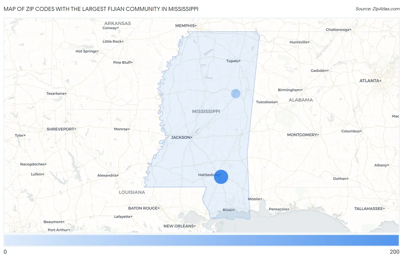 Zip Codes with the Largest Fijian Community in Mississippi Map