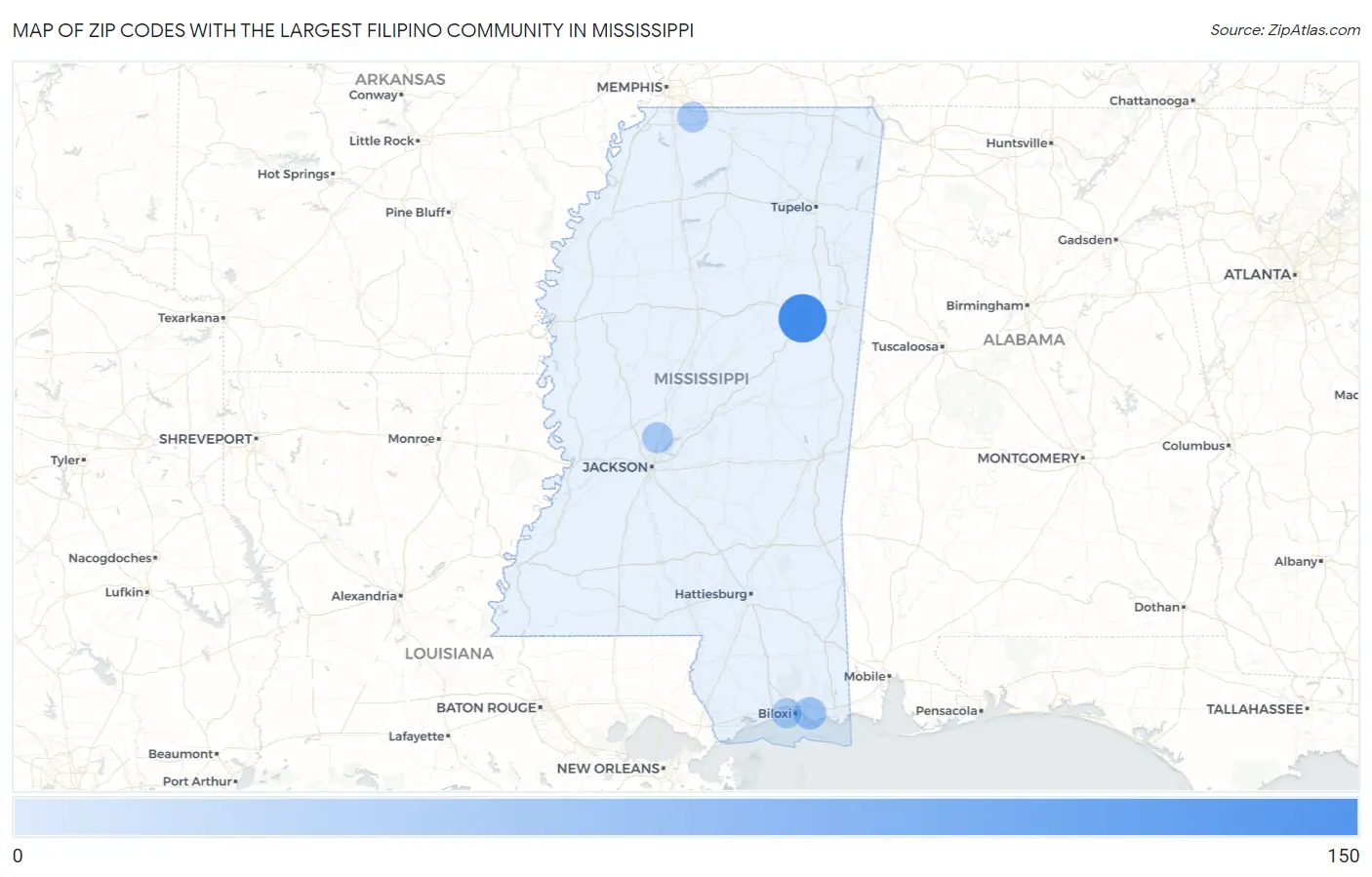 Zip Codes with the Largest Filipino Community in Mississippi Map