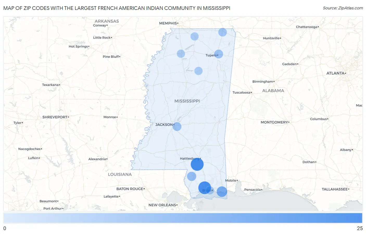 Zip Codes with the Largest French American Indian Community in Mississippi Map
