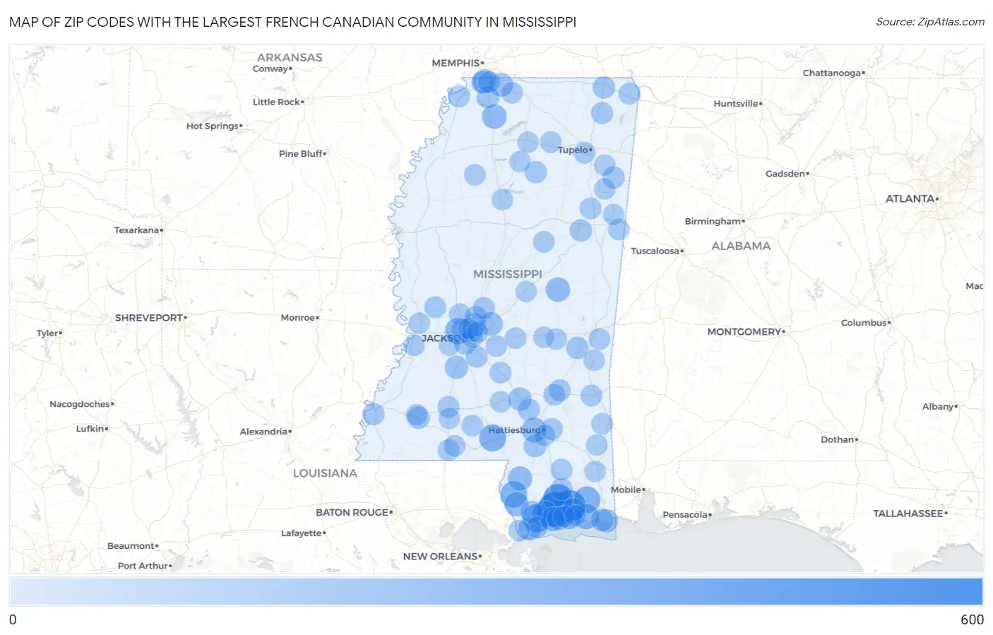 Zip Codes with the Largest French Canadian Community in Mississippi Map
