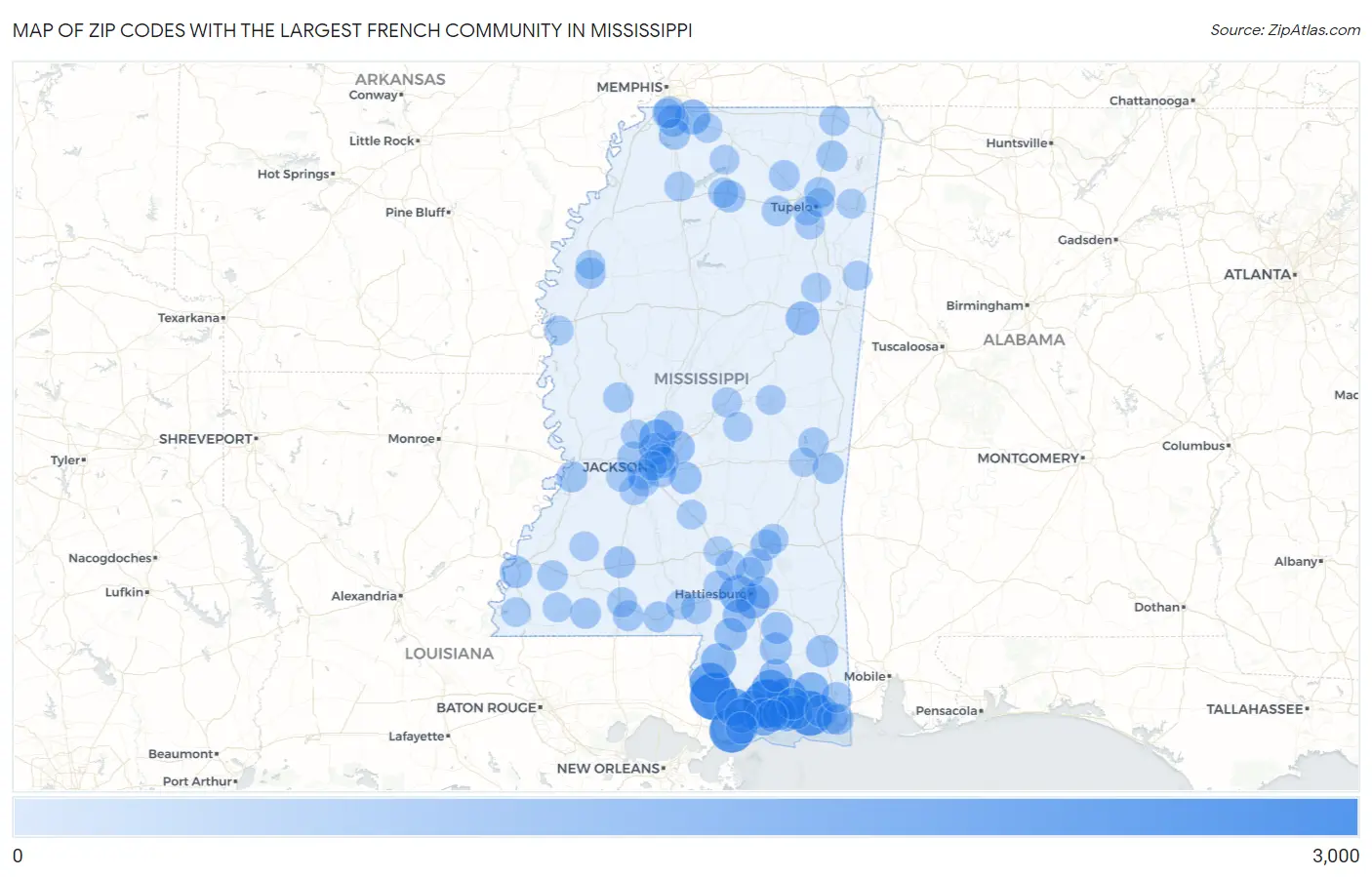 Zip Codes with the Largest French Community in Mississippi Map