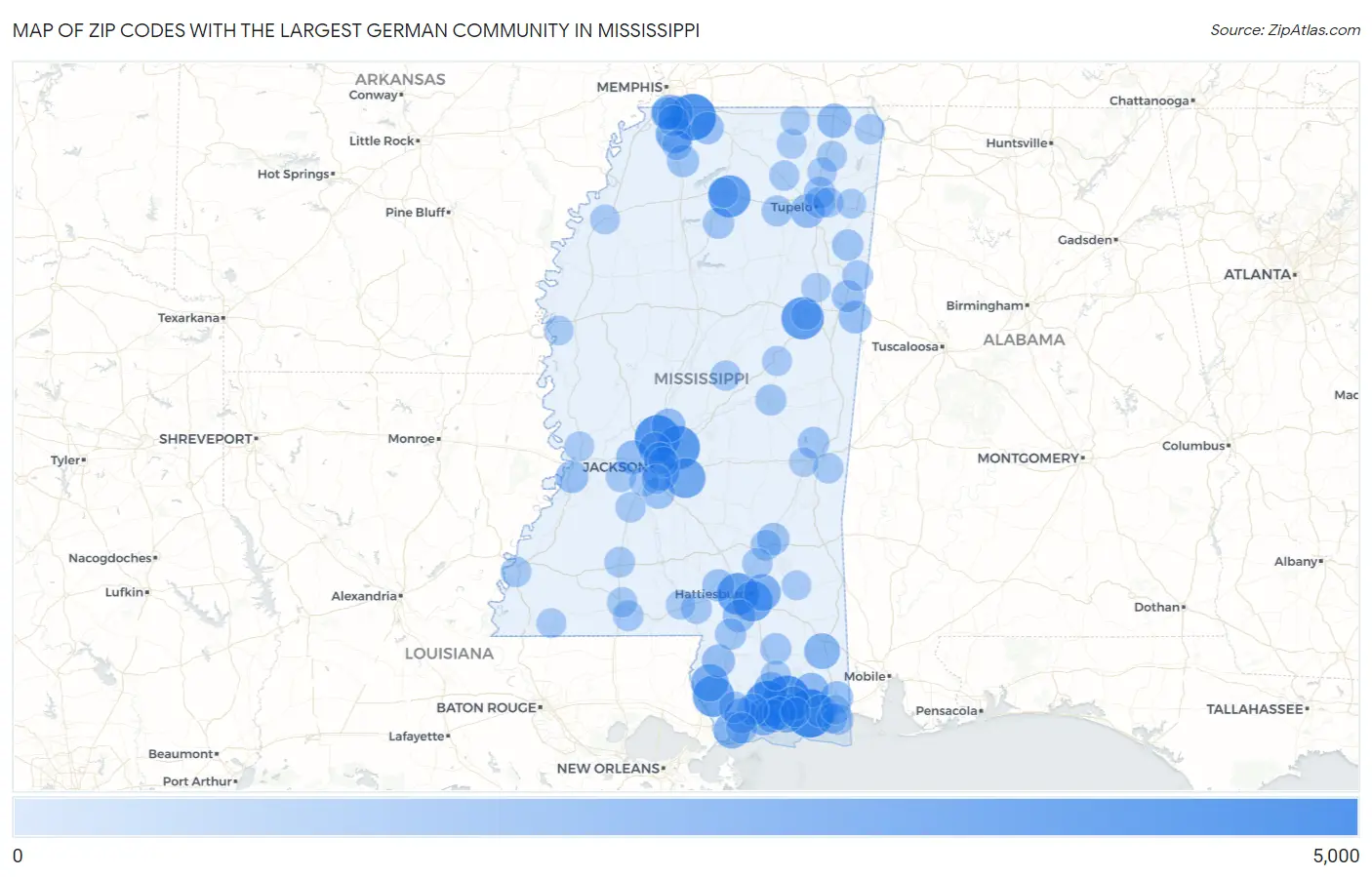Zip Codes with the Largest German Community in Mississippi Map
