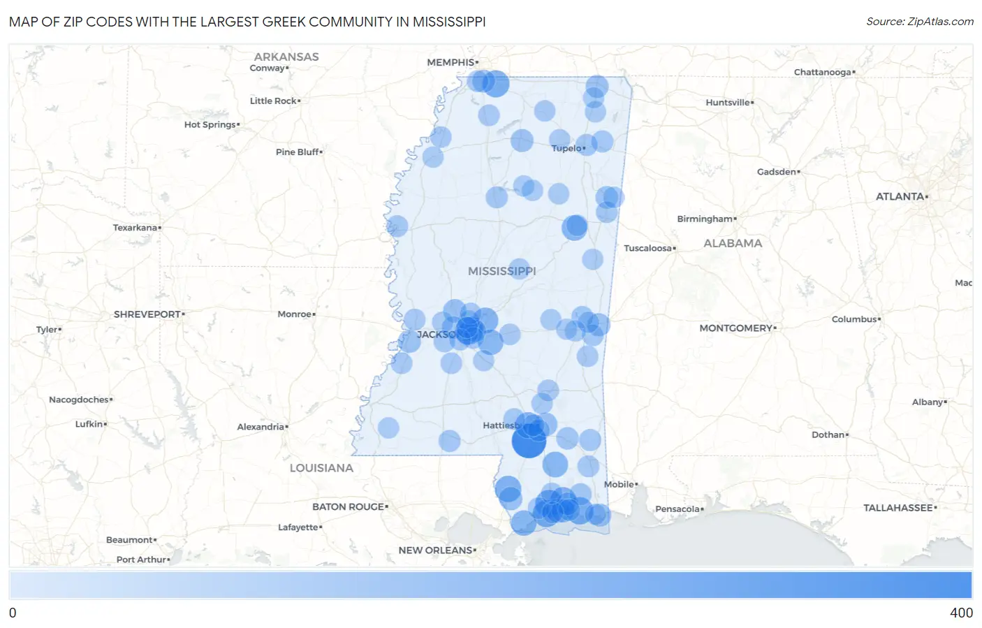Zip Codes with the Largest Greek Community in Mississippi Map