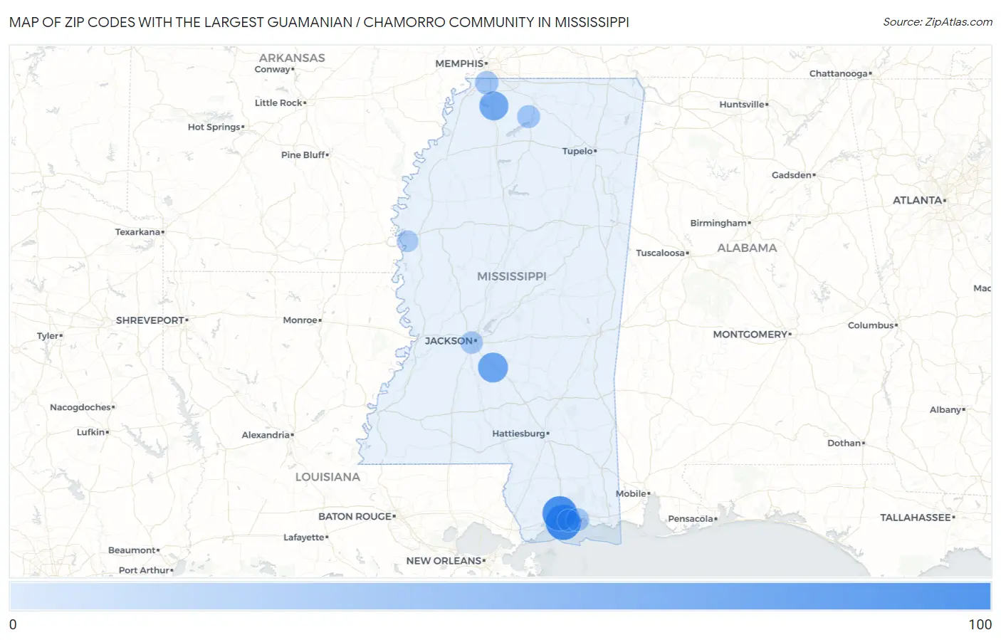 Zip Codes with the Largest Guamanian / Chamorro Community in Mississippi Map