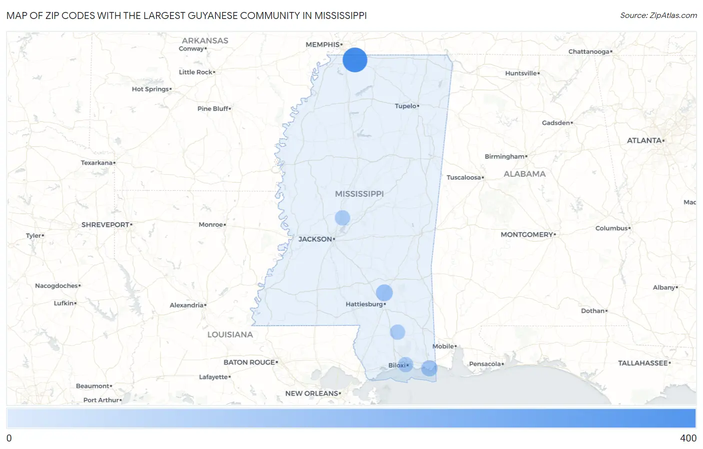 Zip Codes with the Largest Guyanese Community in Mississippi Map