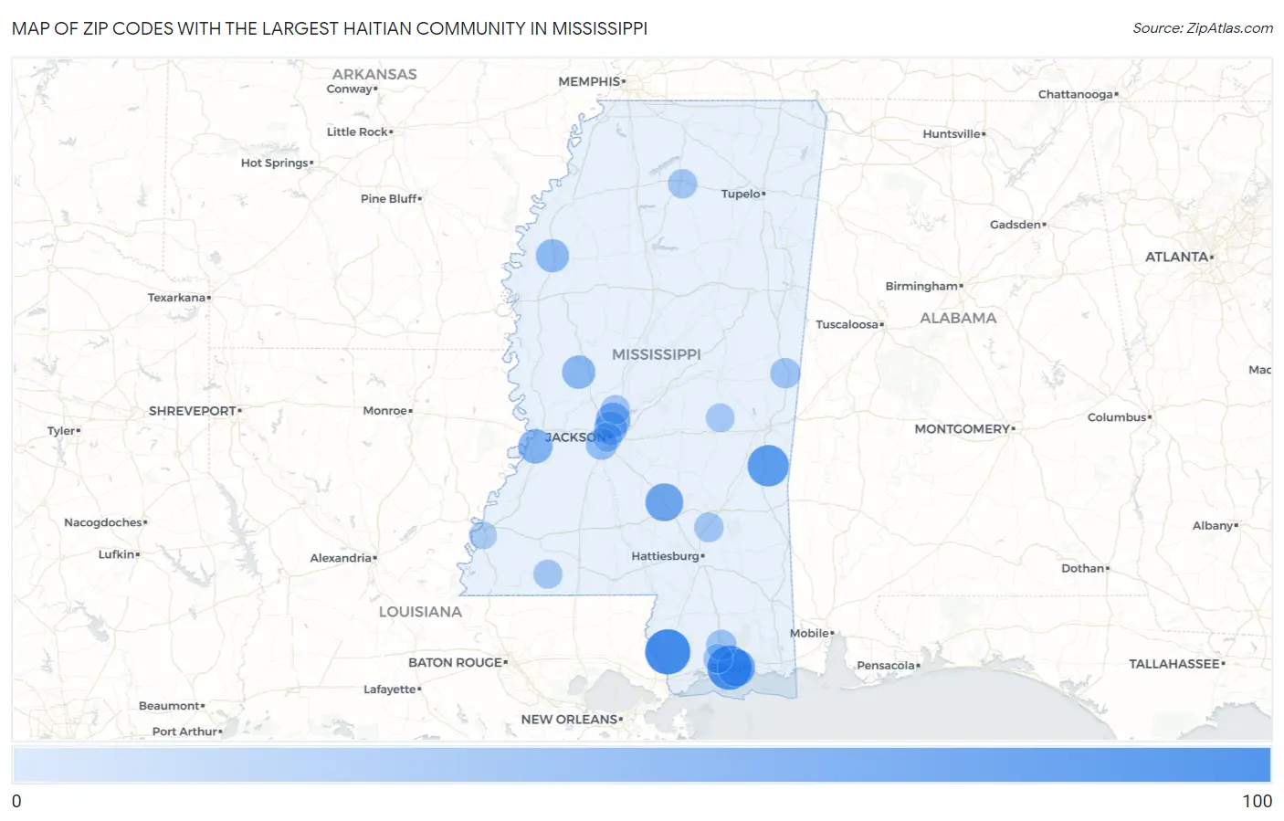 Zip Codes with the Largest Haitian Community in Mississippi Map