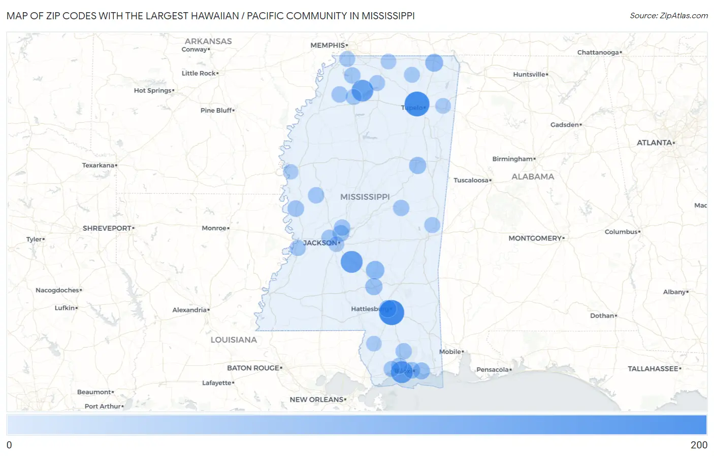 Zip Codes with the Largest Hawaiian / Pacific Community in Mississippi Map