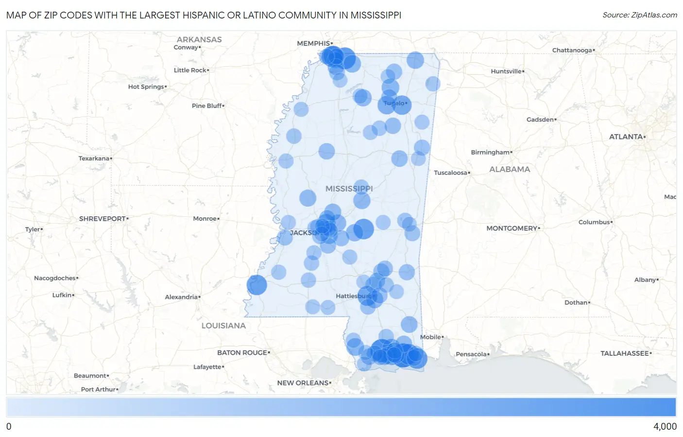 Zip Codes with the Largest Hispanic or Latino Community in Mississippi Map