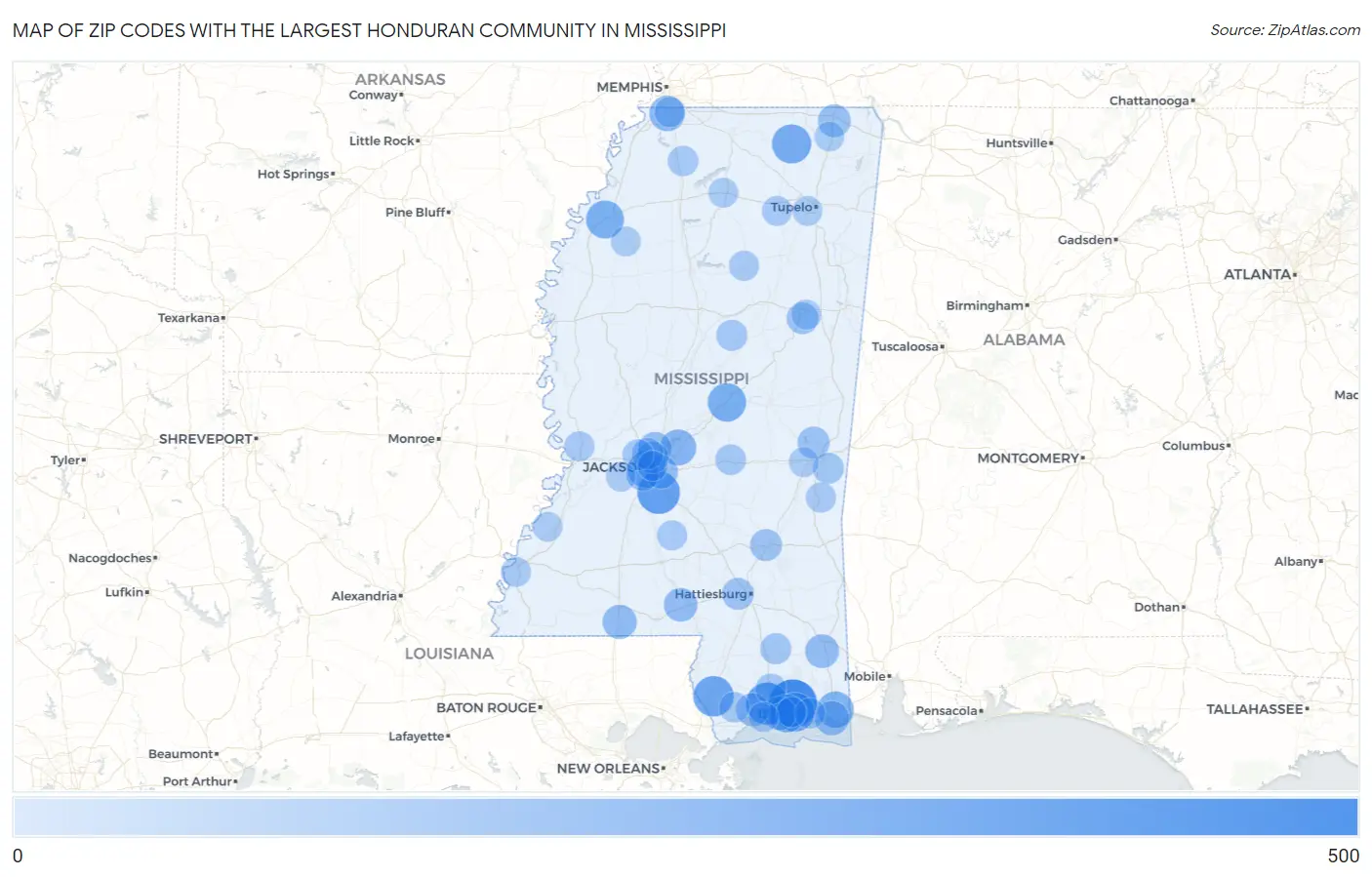 Zip Codes with the Largest Honduran Community in Mississippi Map