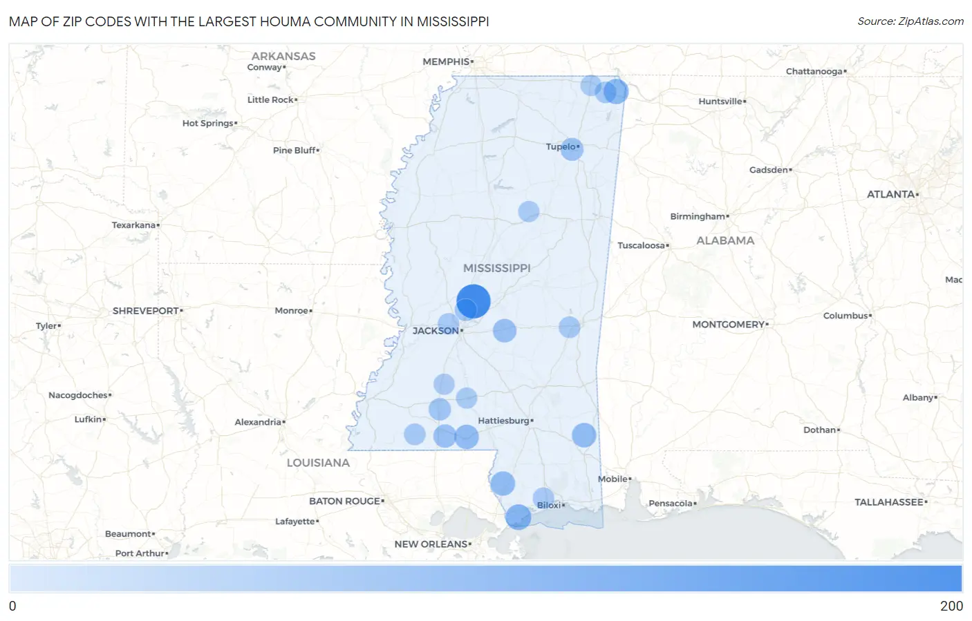 Zip Codes with the Largest Houma Community in Mississippi Map