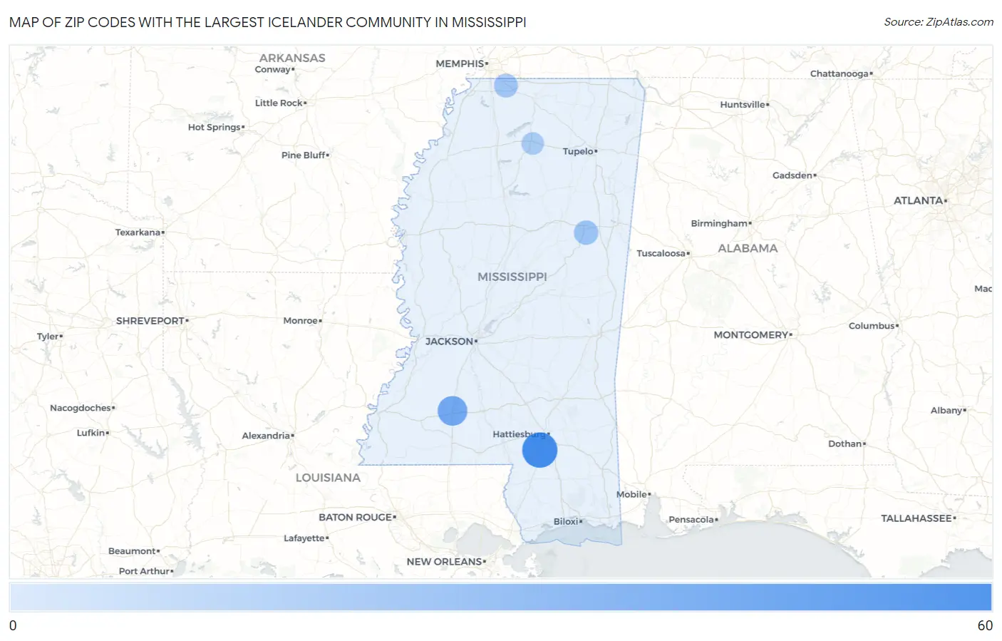 Zip Codes with the Largest Icelander Community in Mississippi Map
