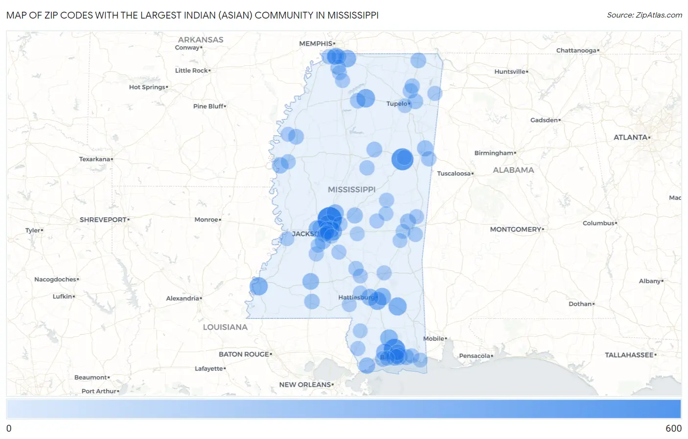 Zip Codes with the Largest Indian (Asian) Community in Mississippi Map