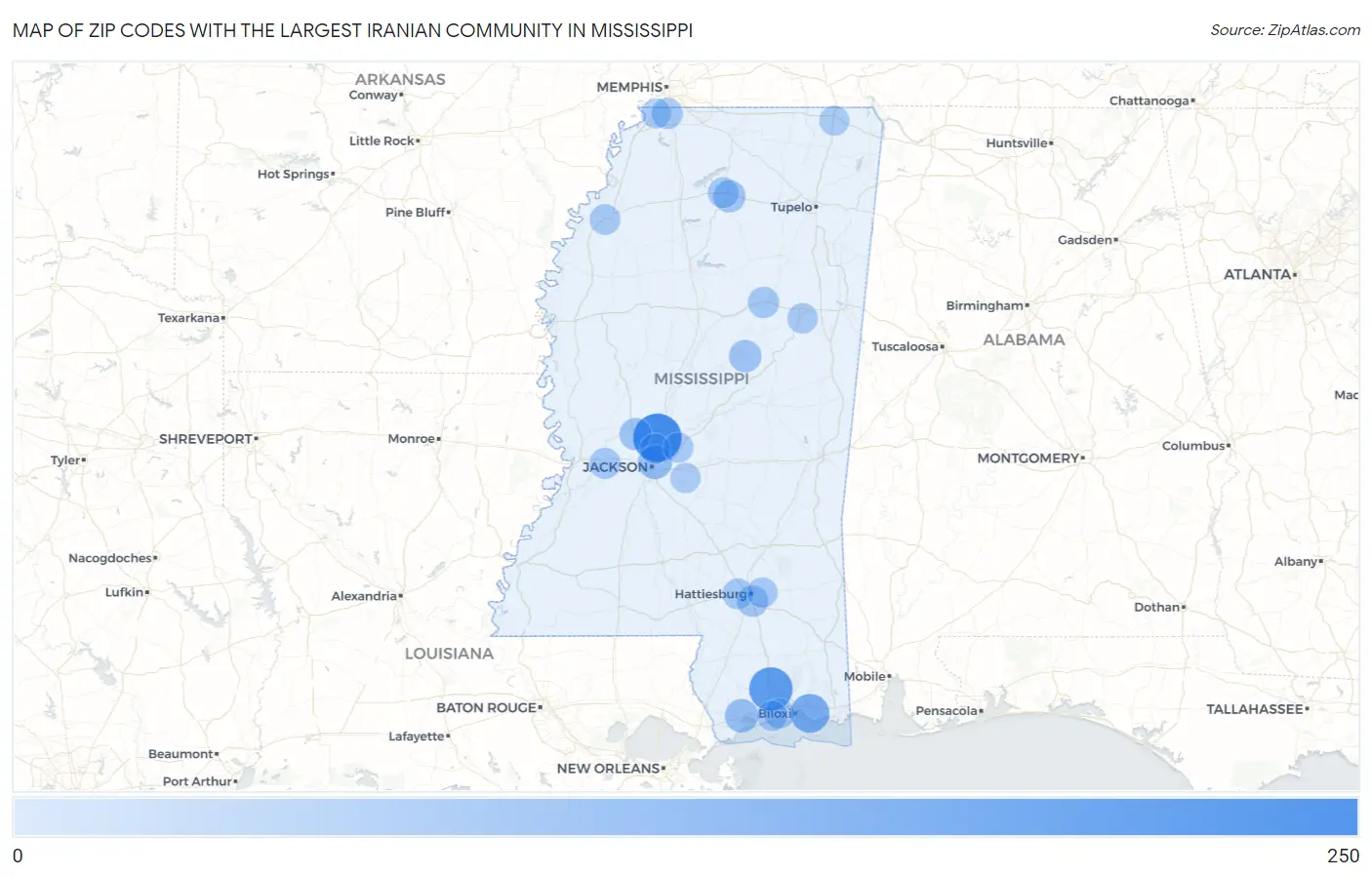 Zip Codes with the Largest Iranian Community in Mississippi Map