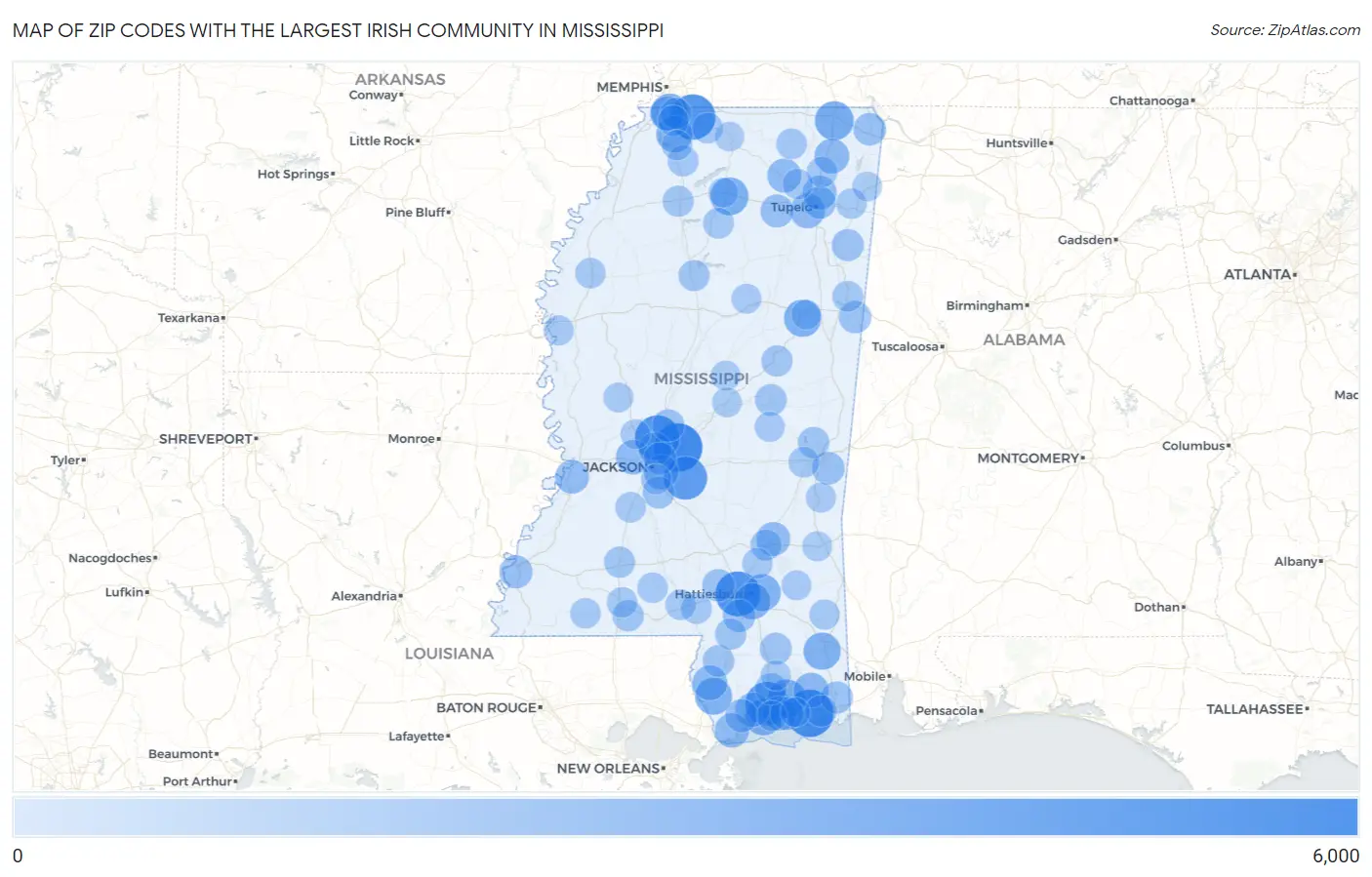 Zip Codes with the Largest Irish Community in Mississippi Map