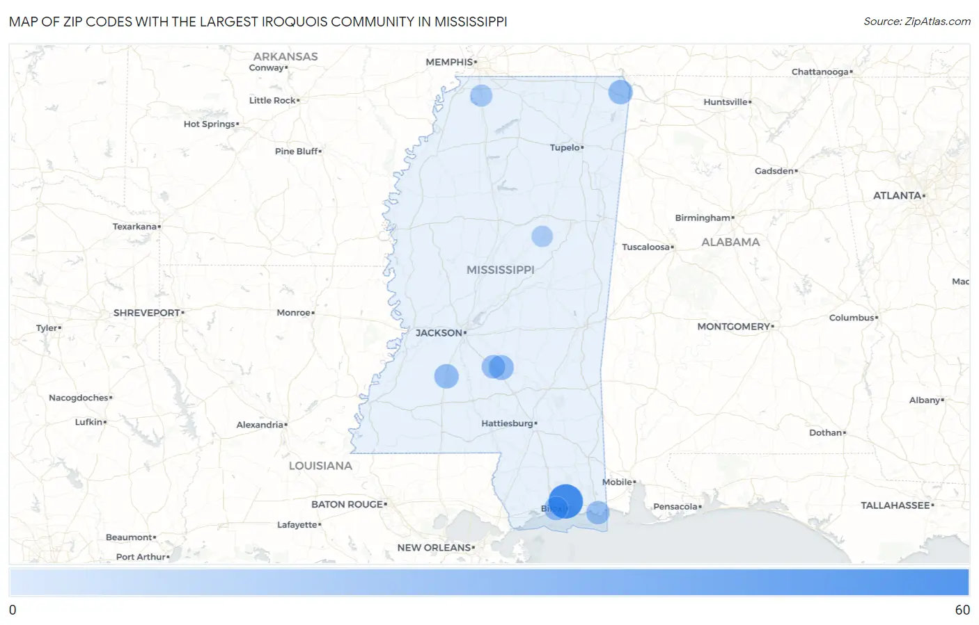 Zip Codes with the Largest Iroquois Community in Mississippi Map