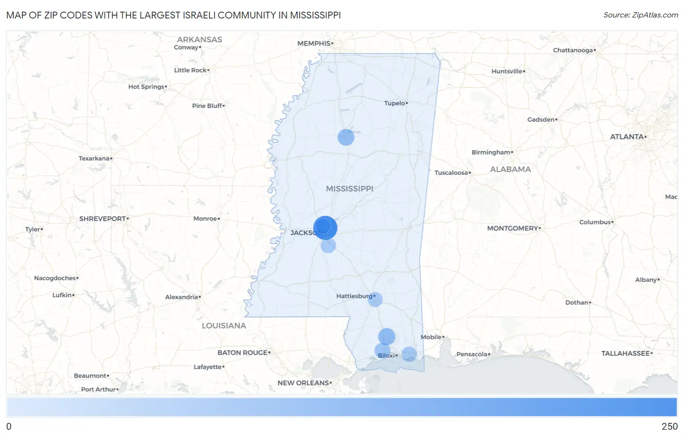 Zip Codes with the Largest Israeli Community in Mississippi Map