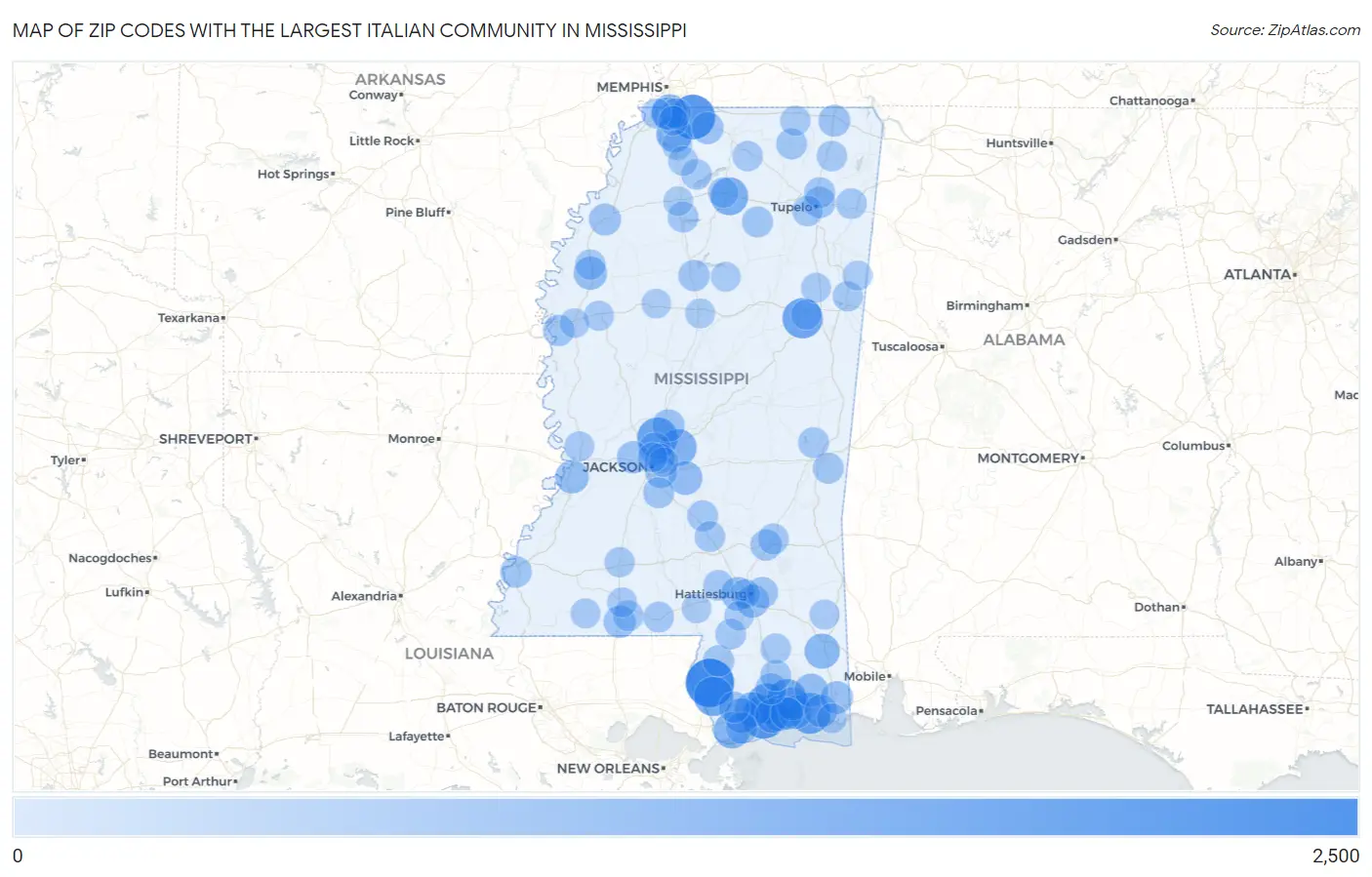 Zip Codes with the Largest Italian Community in Mississippi Map