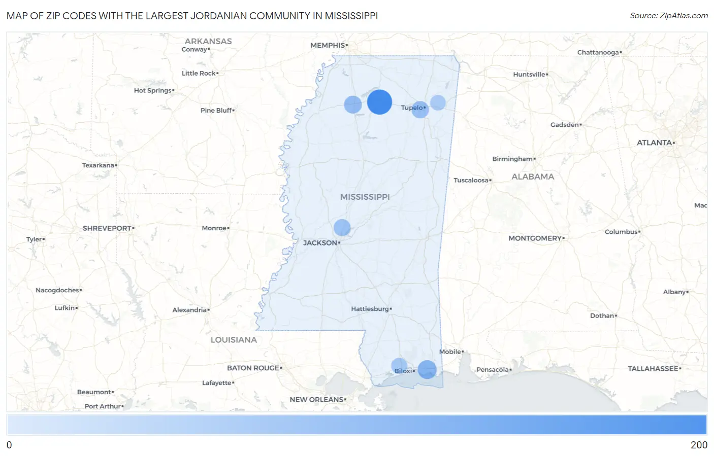 Zip Codes with the Largest Jordanian Community in Mississippi Map