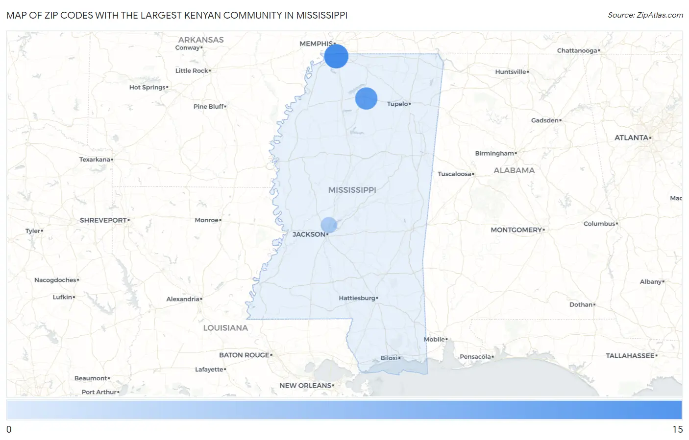 Zip Codes with the Largest Kenyan Community in Mississippi Map
