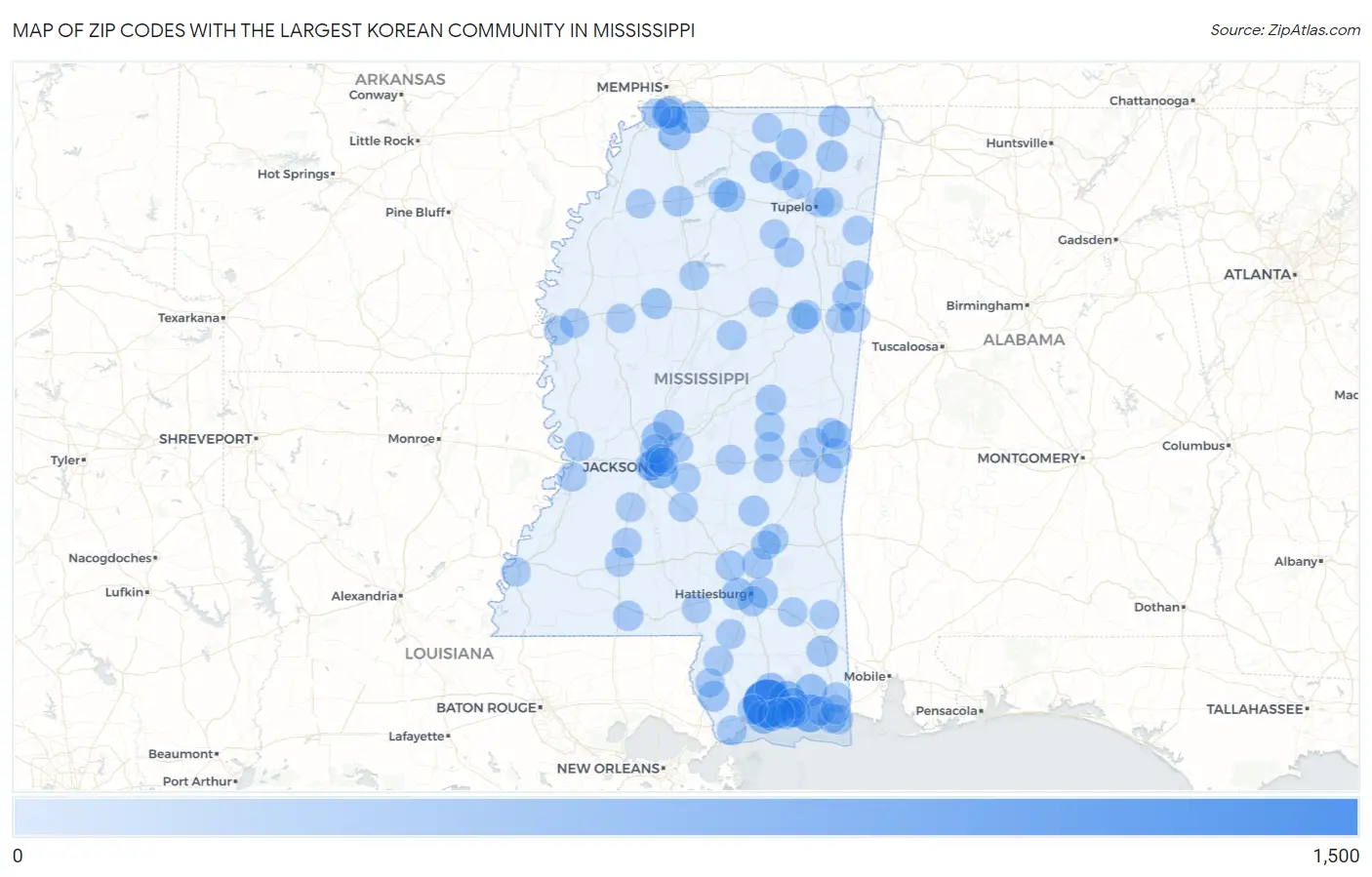 Zip Codes with the Largest Korean Community in Mississippi Map