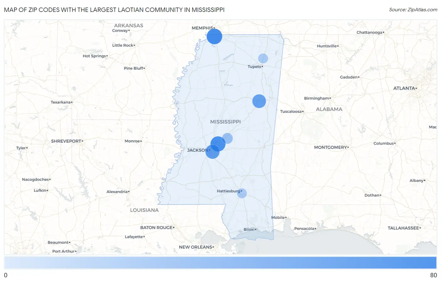 Zip Codes with the Largest Laotian Community in Mississippi Map