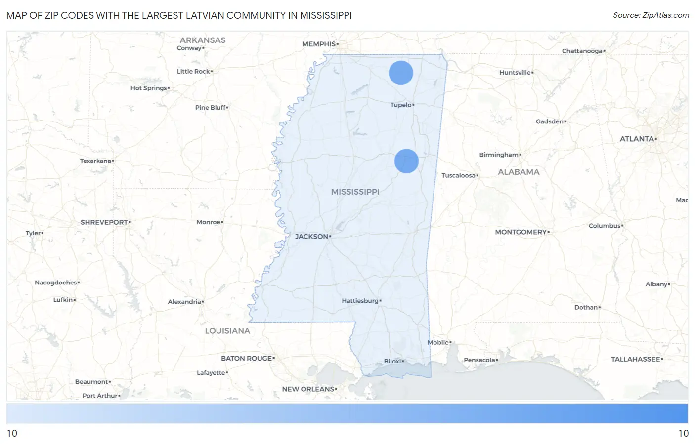 Zip Codes with the Largest Latvian Community in Mississippi Map