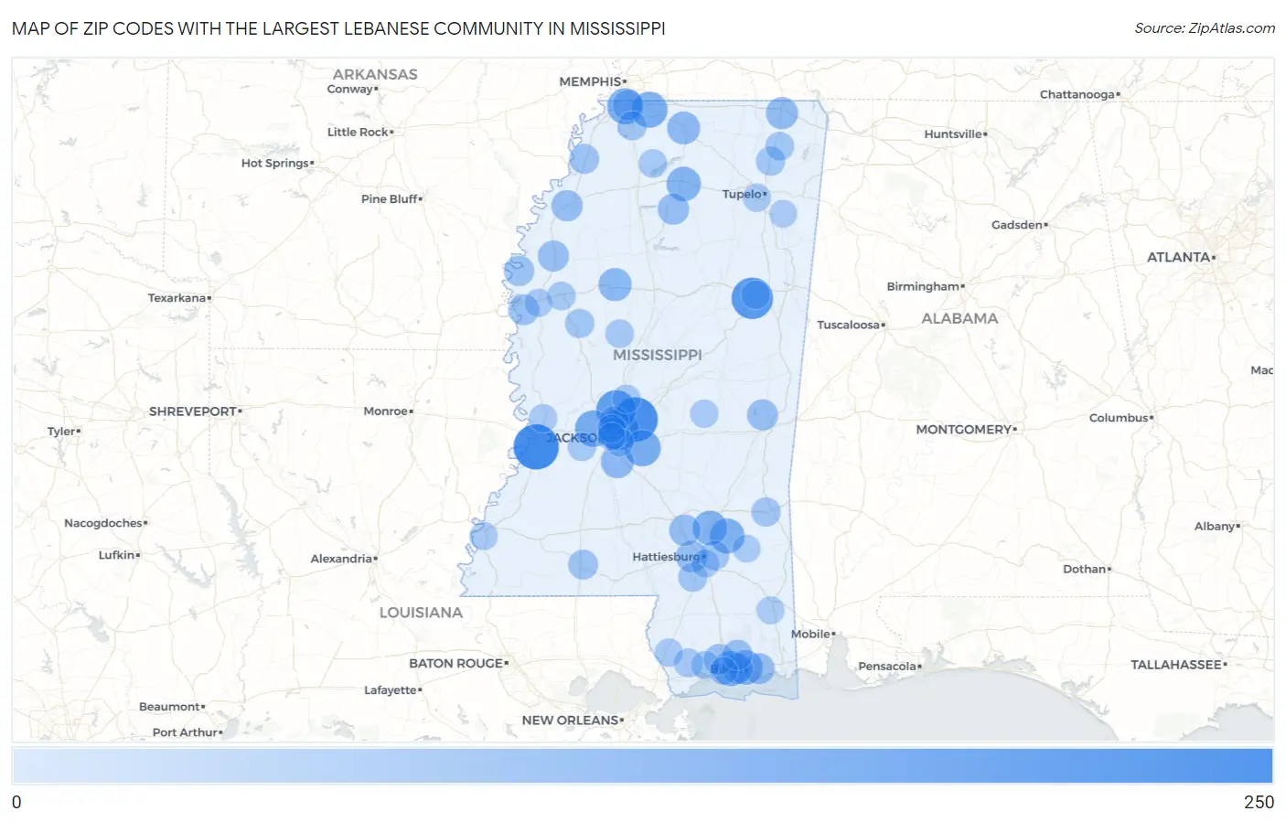 Zip Codes with the Largest Lebanese Community in Mississippi Map