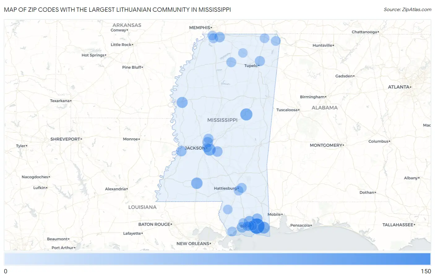Zip Codes with the Largest Lithuanian Community in Mississippi Map