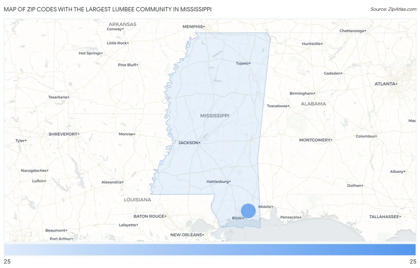 Zip Codes with the Largest Lumbee Community in Mississippi Map