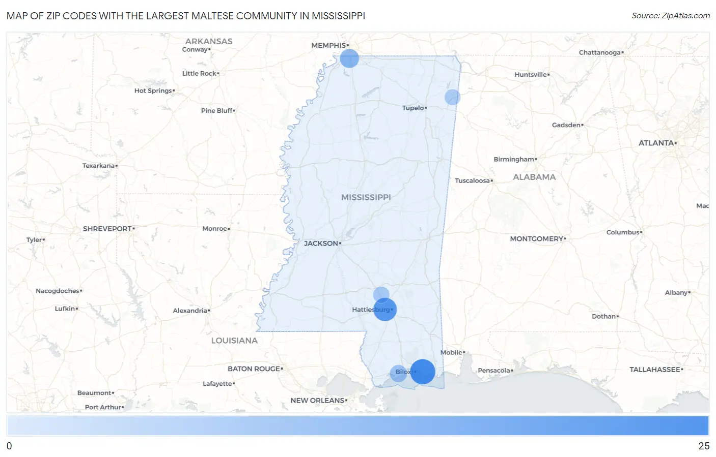 Zip Codes with the Largest Maltese Community in Mississippi Map