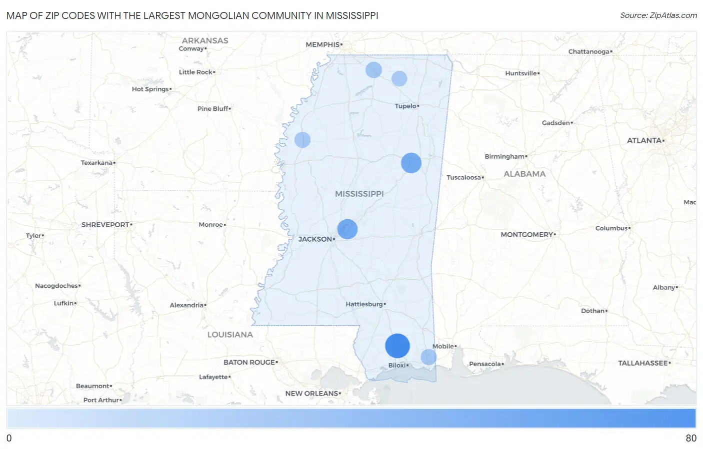 Zip Codes with the Largest Mongolian Community in Mississippi Map