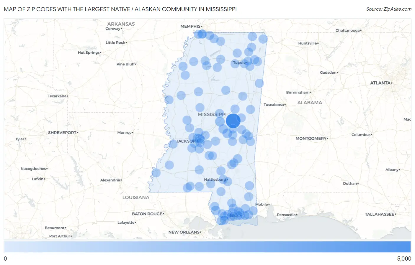 Zip Codes with the Largest Native / Alaskan Community in Mississippi Map