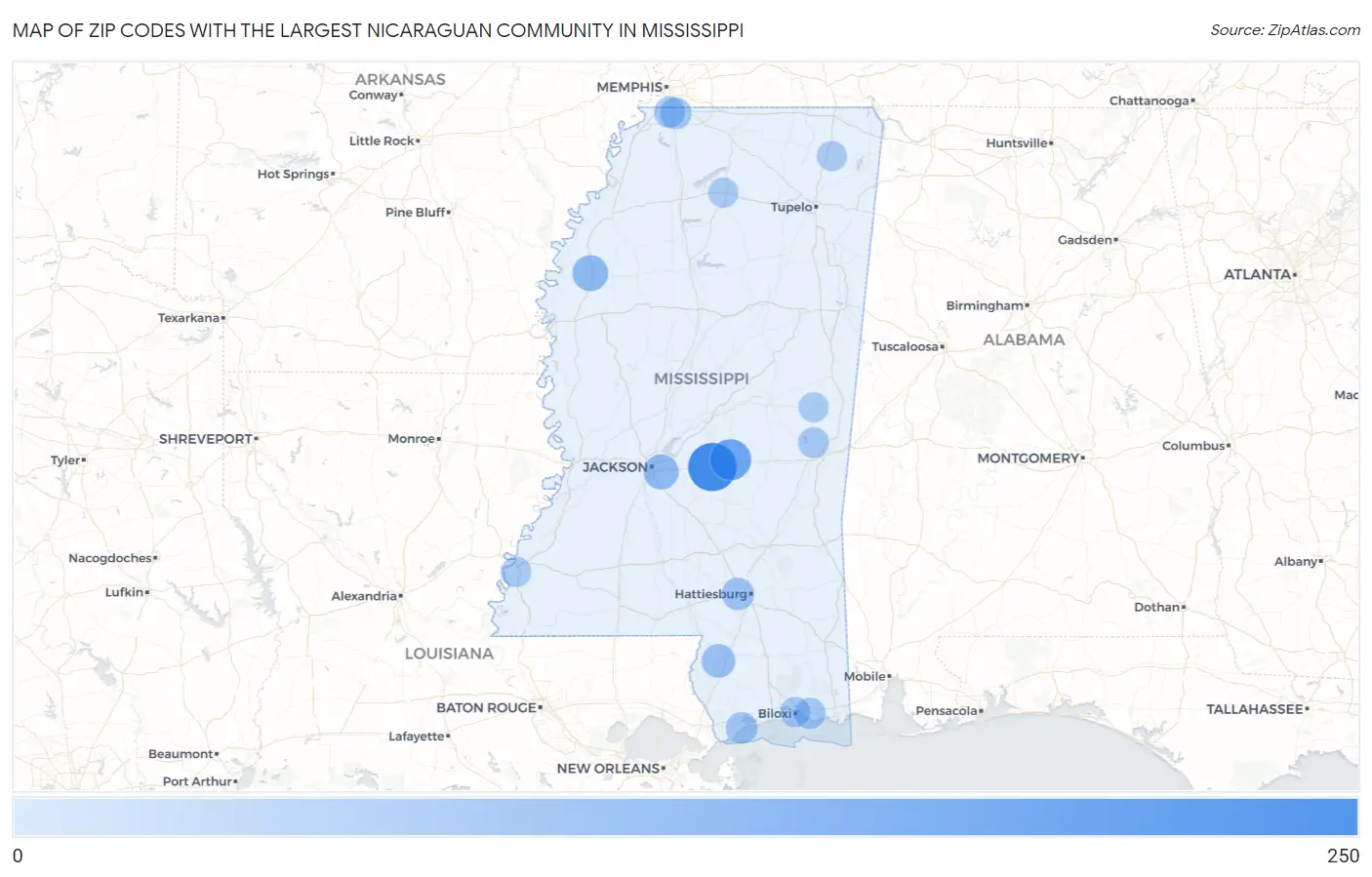 Zip Codes with the Largest Nicaraguan Community in Mississippi Map