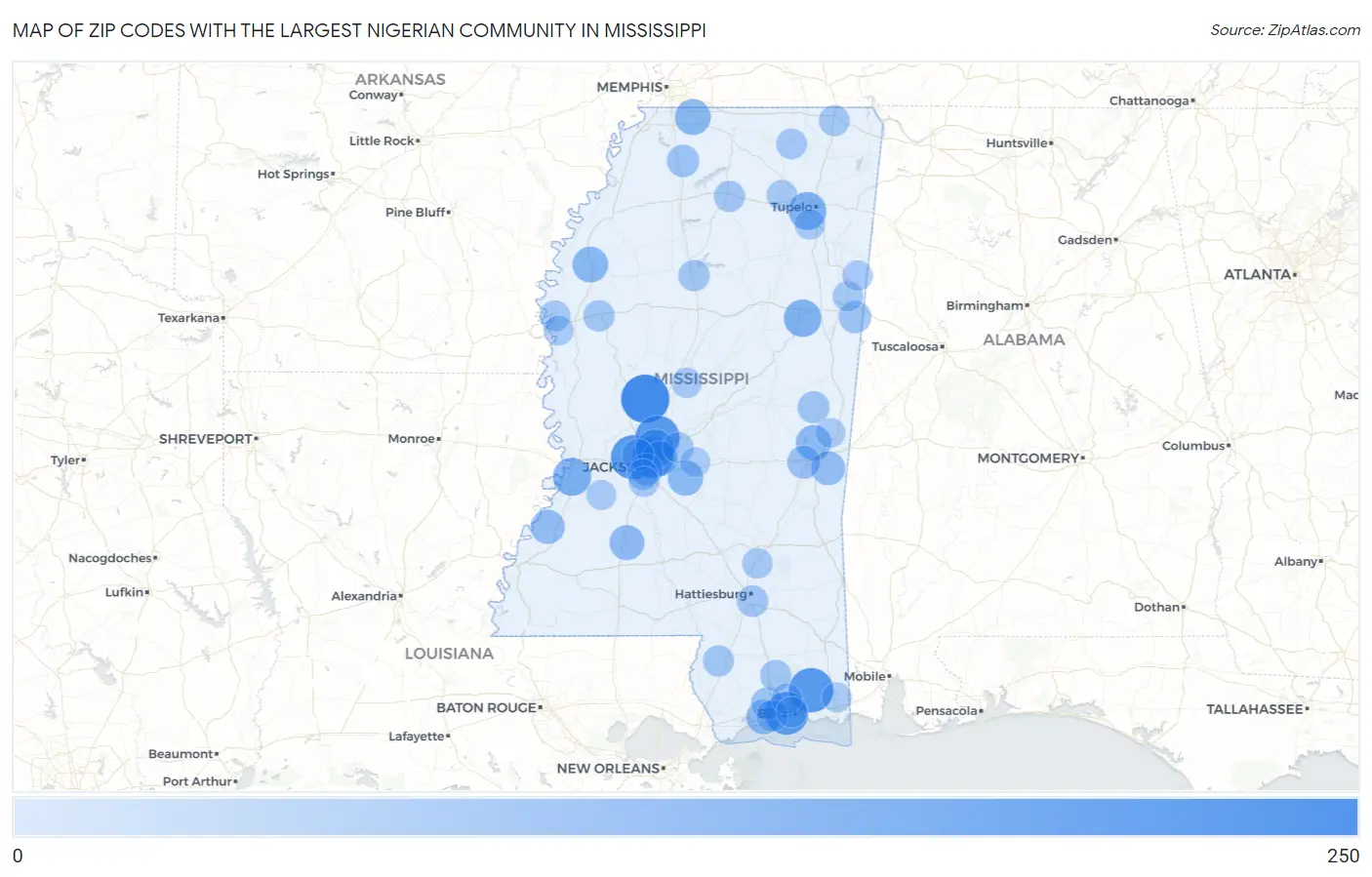 Zip Codes with the Largest Nigerian Community in Mississippi Map