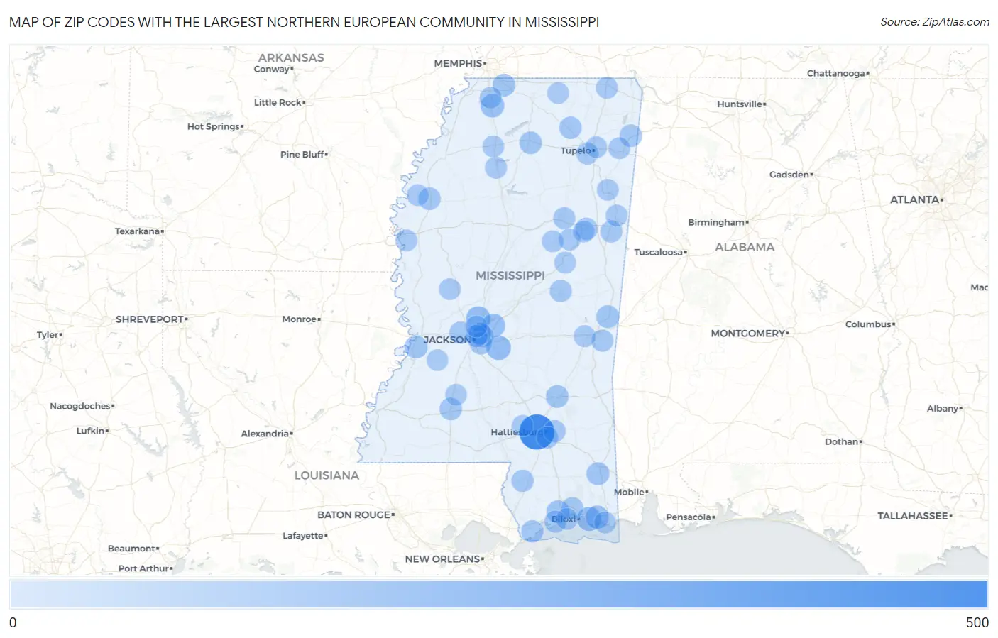 Zip Codes with the Largest Northern European Community in Mississippi Map