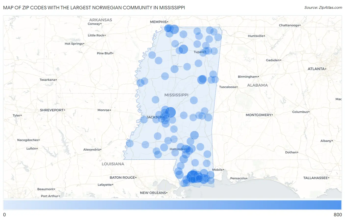 Zip Codes with the Largest Norwegian Community in Mississippi Map