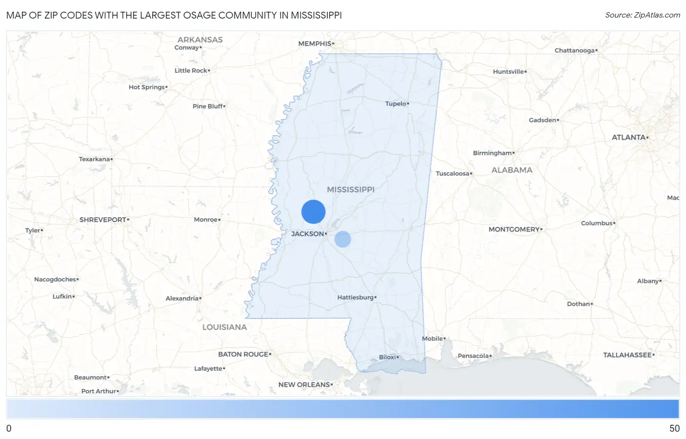 Zip Codes with the Largest Osage Community in Mississippi Map