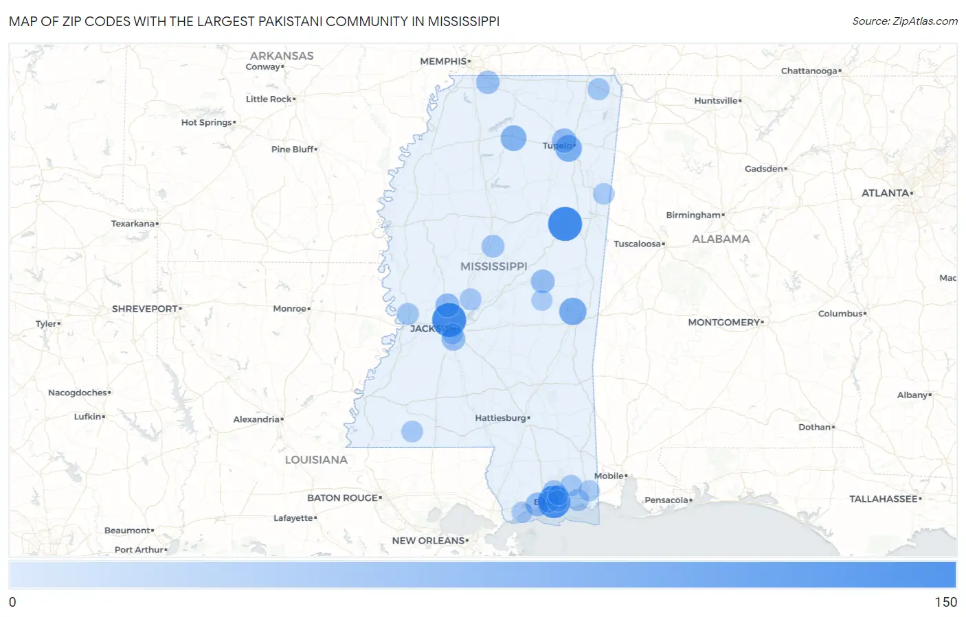 Zip Codes with the Largest Pakistani Community in Mississippi Map