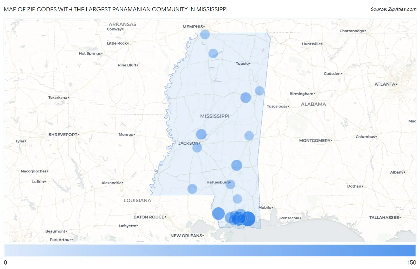 Zip Codes with the Largest Panamanian Community in Mississippi Map
