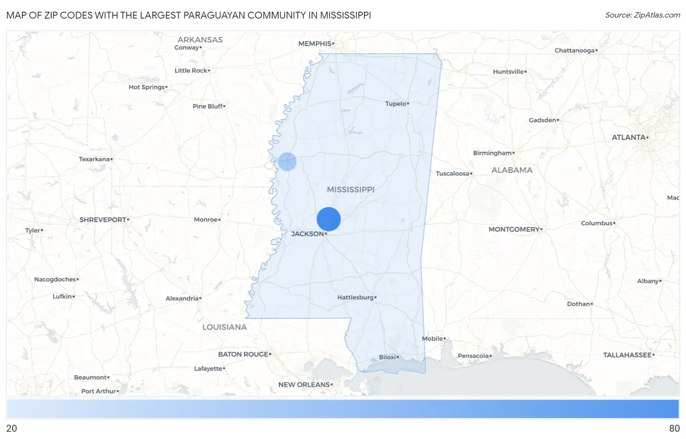 Zip Codes with the Largest Paraguayan Community in Mississippi Map