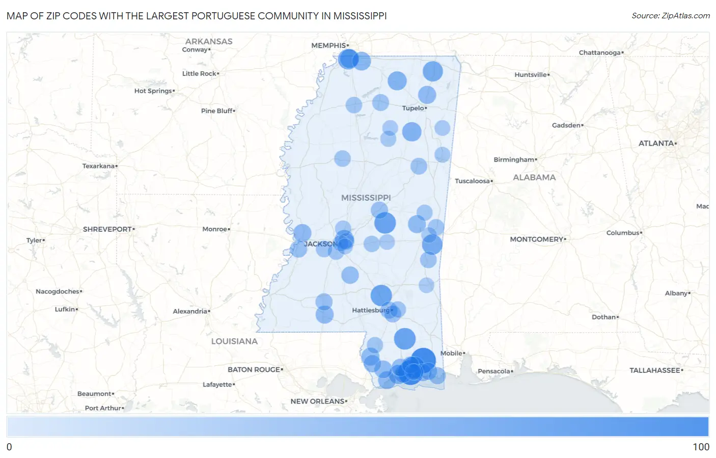 Zip Codes with the Largest Portuguese Community in Mississippi Map