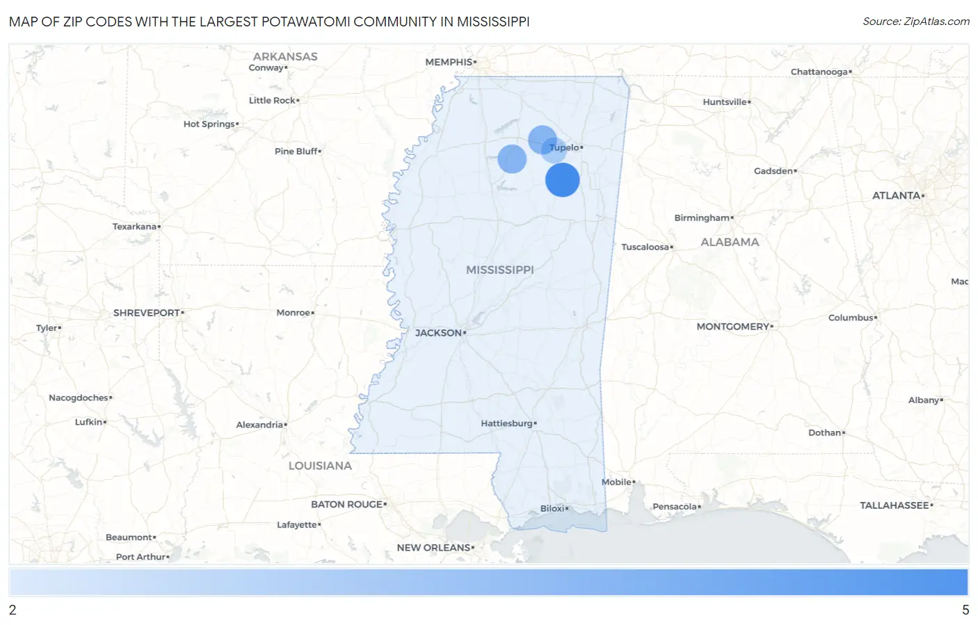 Zip Codes with the Largest Potawatomi Community in Mississippi Map